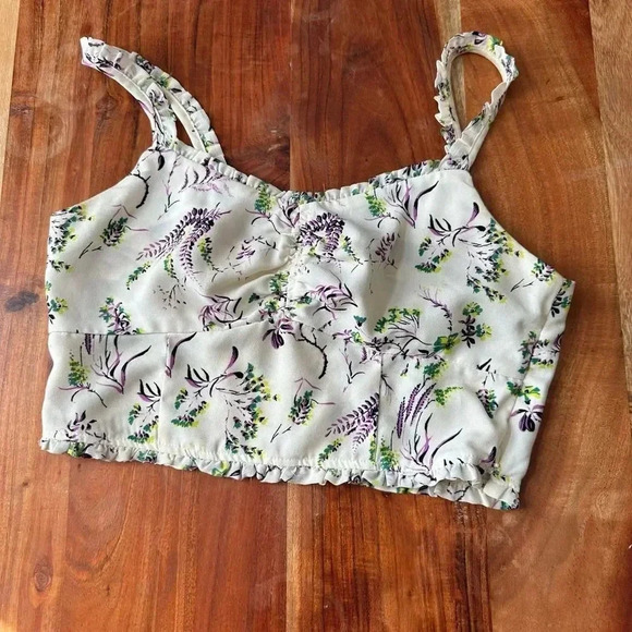 TOPSHOP US 2 Light‎ Yellow Crop Top Ruffle Strap Tank Purple Floral Vine - Picture 2 of 7